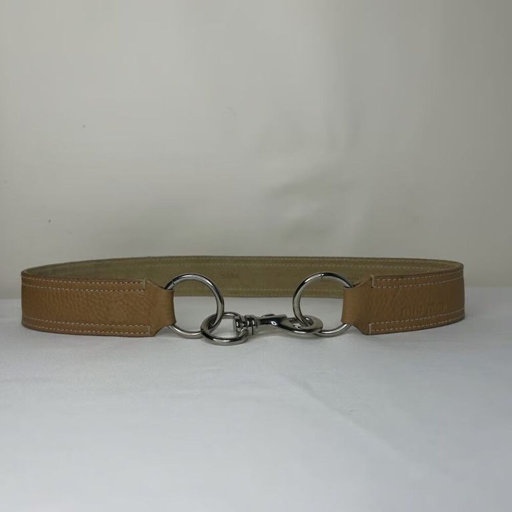 Miu Miu Tan Pebbled Leather Belt Double O-Ring Clasp Womens 80/32 Made in Italy